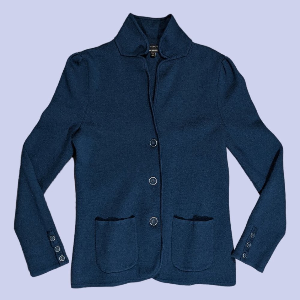 Talbots | Women's Pure Merino Wool Button Sweater Jacket Navy Blue Medium